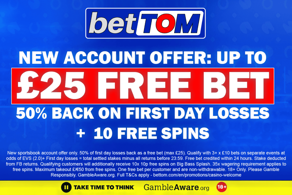 Get 50% of your first day losses back as a free bet up to £25, plus 10 free spins at BetTom