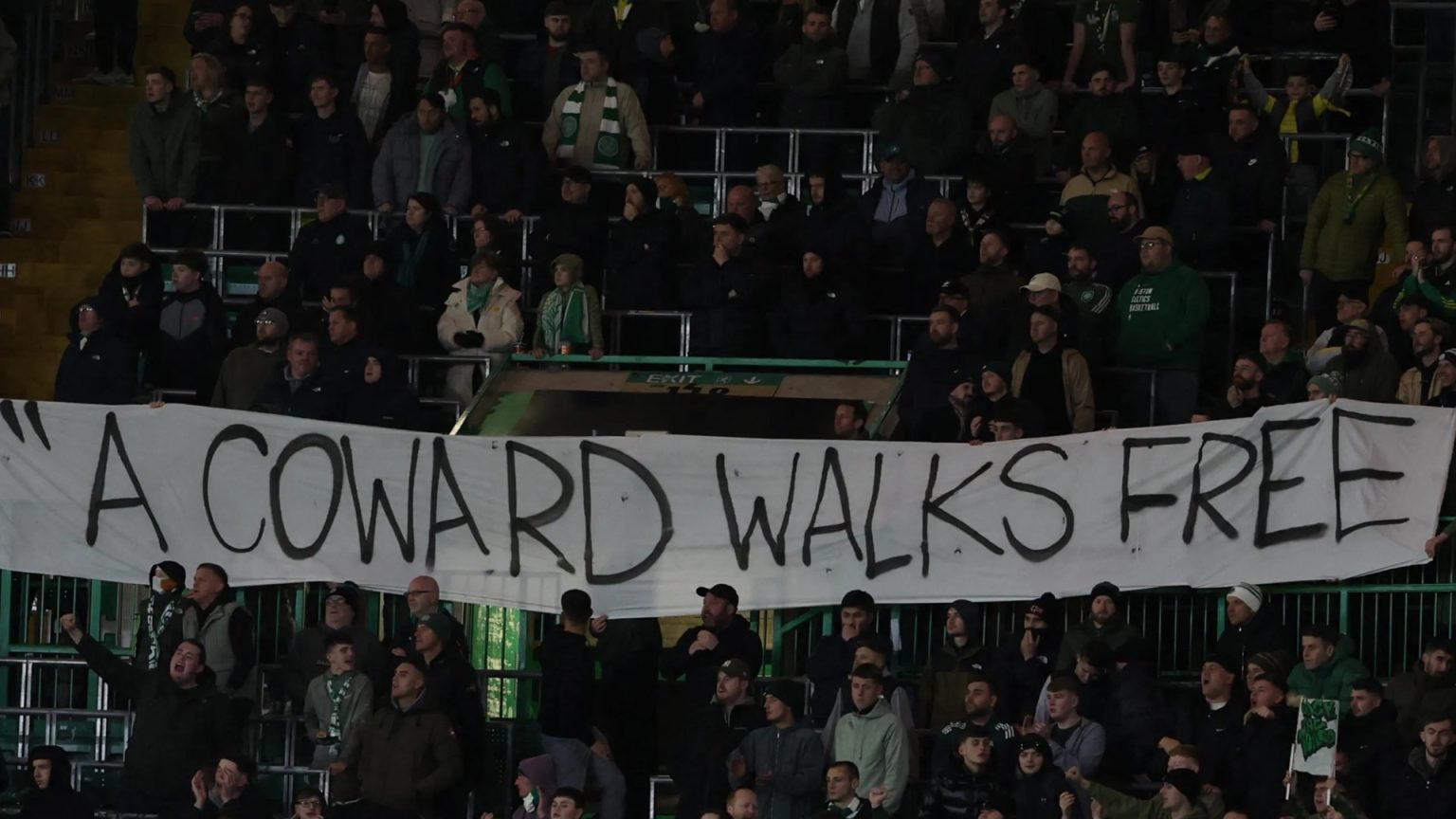 Celtic fans unfurl huge ‘coward walks free’ banner after Bloody Sunday Soldier F ruling during Europa League clash