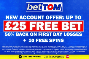 Get 50% of your first day losses back as a free bet up to £25, plus 10 free spins at BetTom