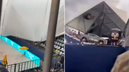 Horror moment metal roof COLLAPSES on to fans during tennis match sending them fleeing and leaving one seriously injured
