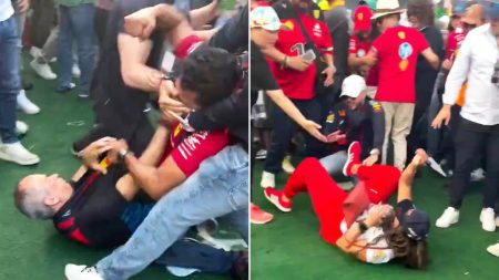 Huge brawl breaks out at Mexico GP with punches thrown and one man kicked on ground with beer sprayed everywhere