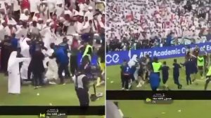 Moment bizarre fight breaks out between UAE fans and Qatar players after goal that sealed World Cup qualification