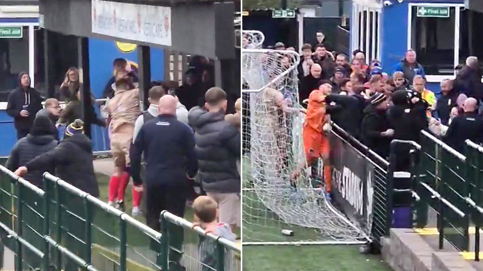 Non-league clash abandoned after huge fight behind goal as goalkeeper is seen punching fan