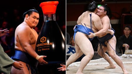 Sumo chiefs scrambled for food as 150kg wrestlers ploughed through 700kg of rice and 400 bottles of soy sauce
