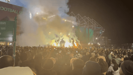 Thousands of angry Celtic fans gather at Parkhead to chant and set off pyro as anti-board protests continue
