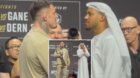 Tom Aspinall and Cyril Gane have heated UFC 321 face off in front of Dana White ahead of huge Abu Dhabi showdown