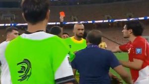 World Cup qualifier erupts in chaotic scenes as three sent off after ref shoved in brawl as ex-Man Utd ace scores winner