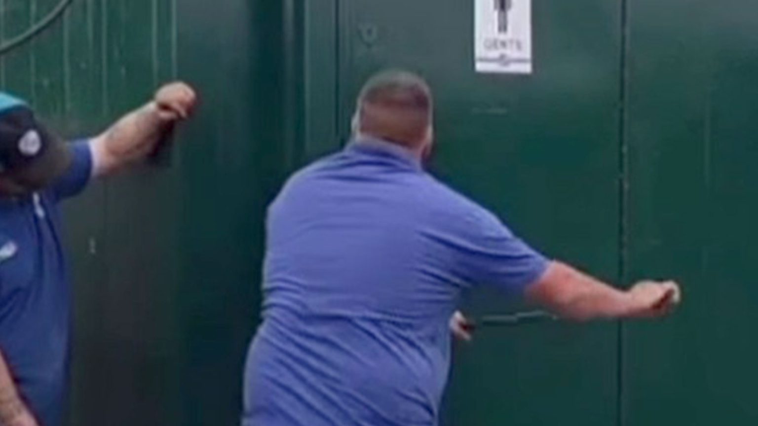 Awkward moment speedway star is trapped in TOILET with worker forced to use crowbar to break door open