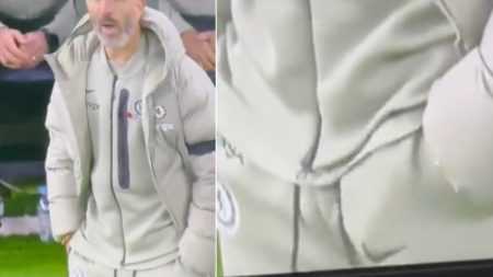 Chelsea manager Enzo Maresca spotted ‘scratching balls’ live on TV as fans joke ‘he tried to hide it’