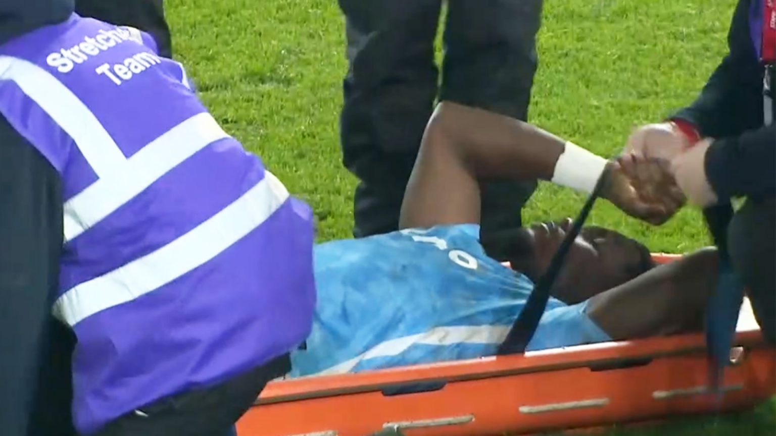 Coventry star carried off on stretcher seconds after scoring goal of the season contender as medics rush on to pitch