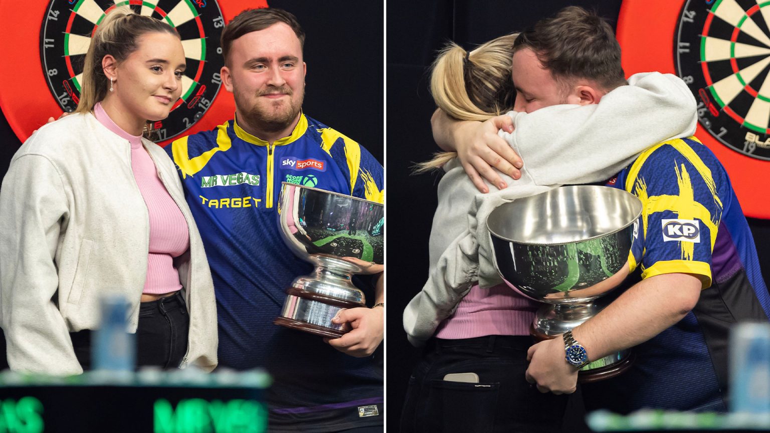 Emotional Luke Littler hugs girlfriend Faith Millar after brilliant display to defend Grand Slam of Darts title