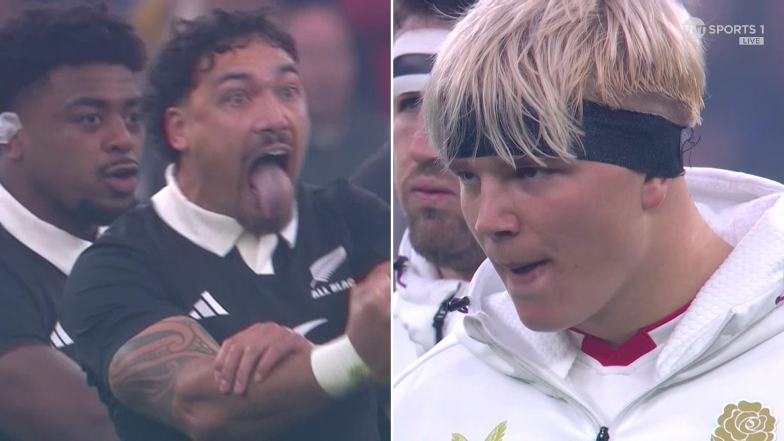 England response to Haka sends rugby fans wild as star is seen LICKING LIPS during New Zealand routine