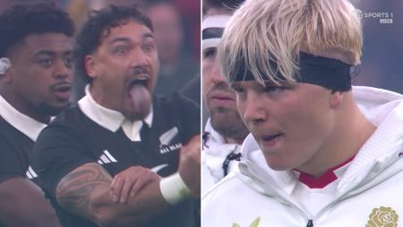 England response to Haka sends rugby fans wild as star is seen LICKING LIPS during New Zealand routine