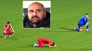 Heartbreaking moment footballers collapse and break down in tears on pitch after finding out manager has died mid-match