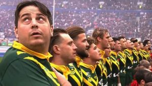 Moment serial prankster lined up with Australian rugby league team before clash with England