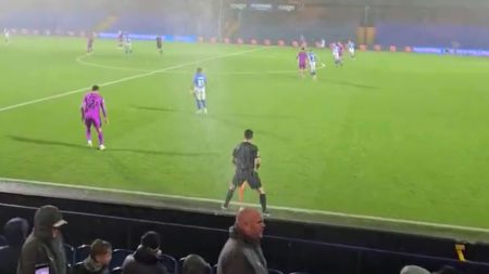 Moment unlucky linesman gets drenched by ‘waterfall’ thanks to leaking roof in match that was SUSPENDED