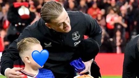 Sweet moment Jordan Pickford walks out with son in half-and-half shirt as fans hail ‘classy touch’ on Sunderland return