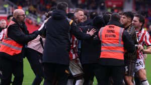 Watch as ex-Rangers star sparks huge on-pitch fight AFTER full-time whistle as old pal Oli McBurnie shows his approval