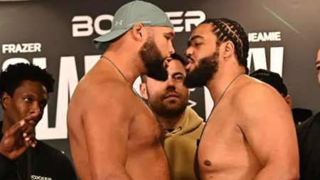 Watch moment security forced to separate Frazer Clarke and Jeamie ‘TKV’ Tshikeva in heated weigh-in for BBC showdown