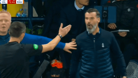 Shock moment Kilmarnock boss Stuart Kettlewell confronts referee after being shown red card for incident against Rangers Shock moment Kilmarnock boss Stuart Kettlewell confronts referee after being shown red card for incident against Rangers