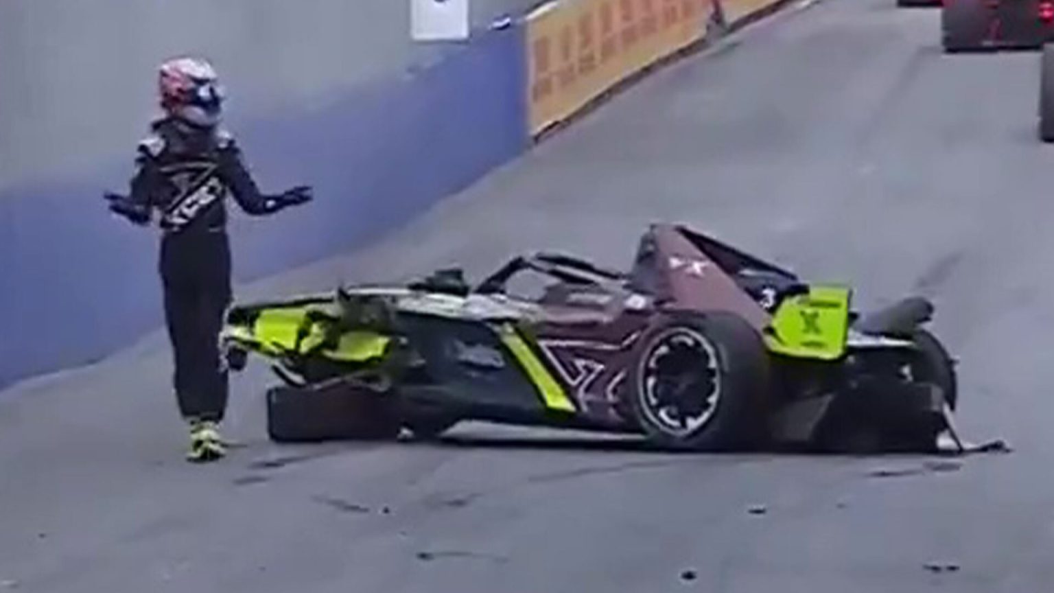 Terrifying moment Formula E star’s car flips in air in huge crash before it sets on fire