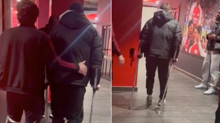 Conor Bradley leaves Emirates Stadium on crutches after horror injury that sparked Martinelli’s ‘disgraceful’ antics
