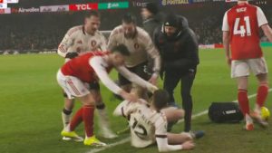 Gabriel Martinelli a ‘disgrace’ blasts Gary Neville after shoving injured Conor Bradley before he’s stretchered off