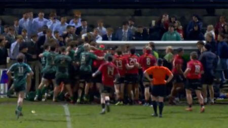 Rugby match ABANDONED as players brawl, supporters launch beer and fan is removed from stadium Rugby match ABANDONED as players brawl, supporters launch beer and fan is removed from stadium