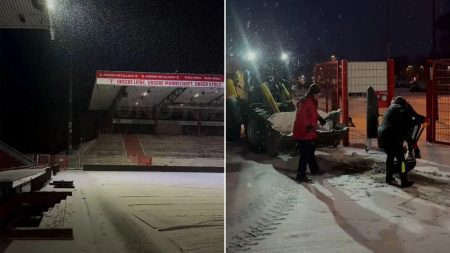 Top flight stadium unrecognisable with pitch covered in snow as fans battle frantically to stop match being postponed Top flight stadium unrecognisable with pitch covered in snow as fans battle frantically to stop match being postponed